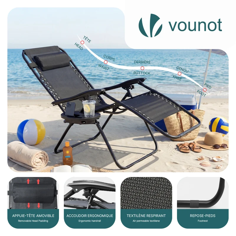 Chaise Longue inclinable en textilene avec porte gobelet et portable Noir