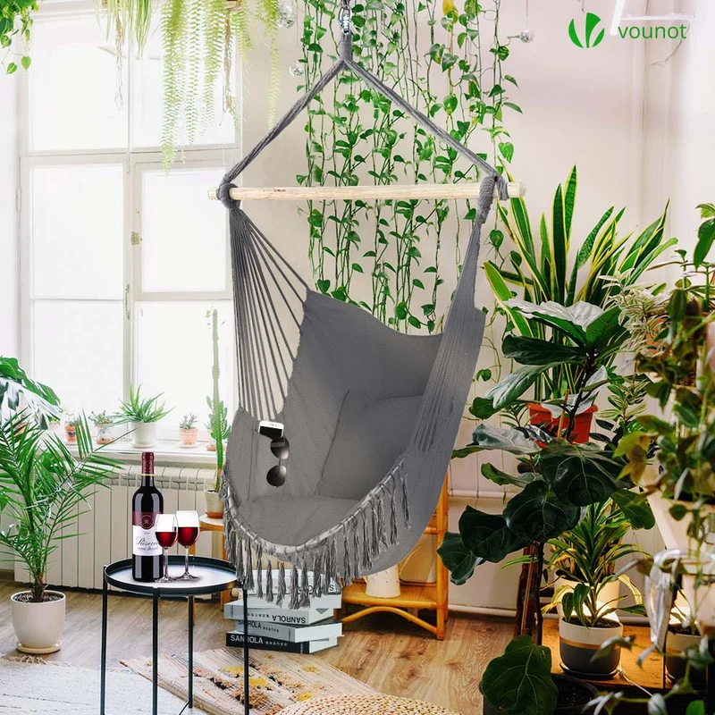Chaise suspendue hamac avec 2 oreillers Gris