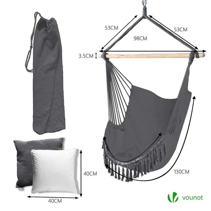 Chaise suspendue hamac avec 2 oreillers Gris