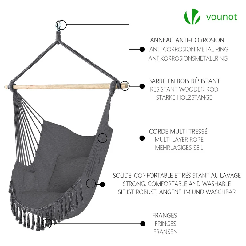Chaise suspendue hamac avec 2 oreillers Gris