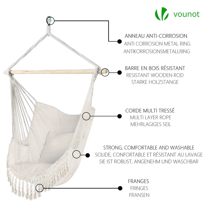 Chaise suspendue hamac avec 2 oreillers Beige
