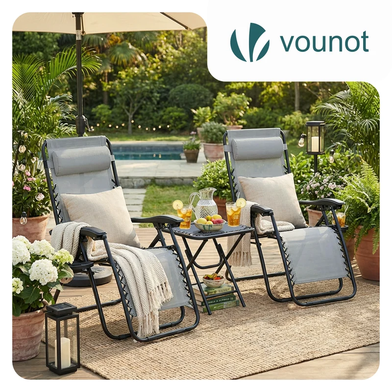 Lot de 2 Chaise longue inclinable en textilene avec table d'appoint porte gobelet et portable gris