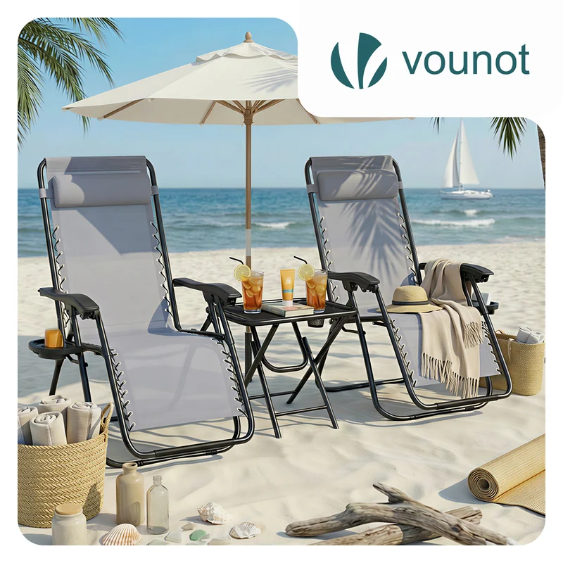 Lot de 2 Chaise longue inclinable en textilene avec table d'appoint porte gobelet et portable gris