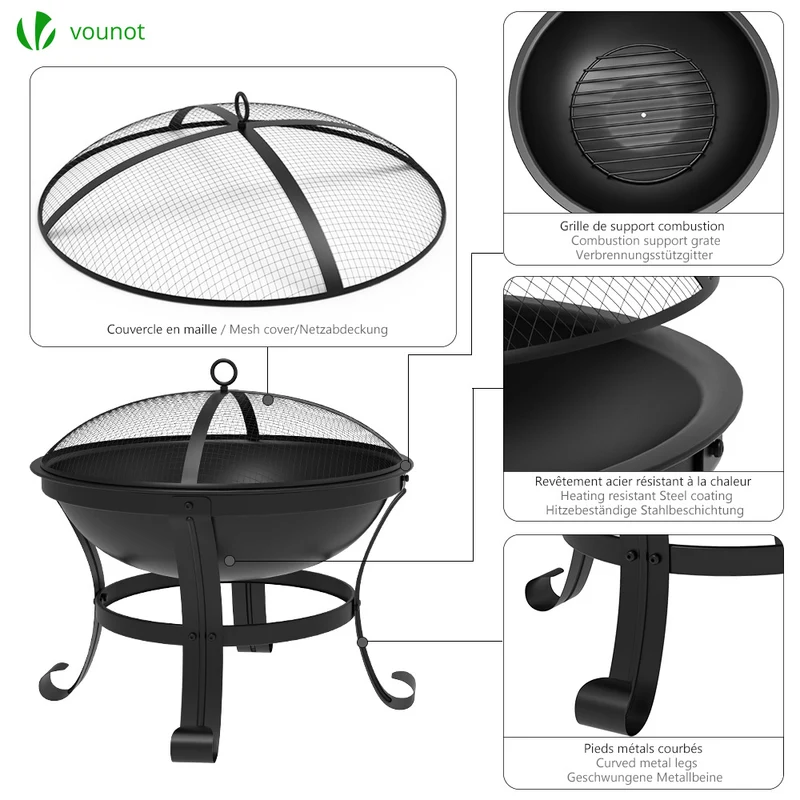Brasero exterieur avec couvercle en acier noir
