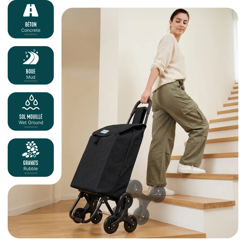 Chariot de courses pliable monte escalier style oxford noir