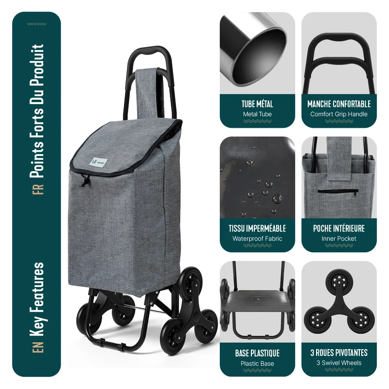 Chariot de courses pliable monte escalier style oxford gris