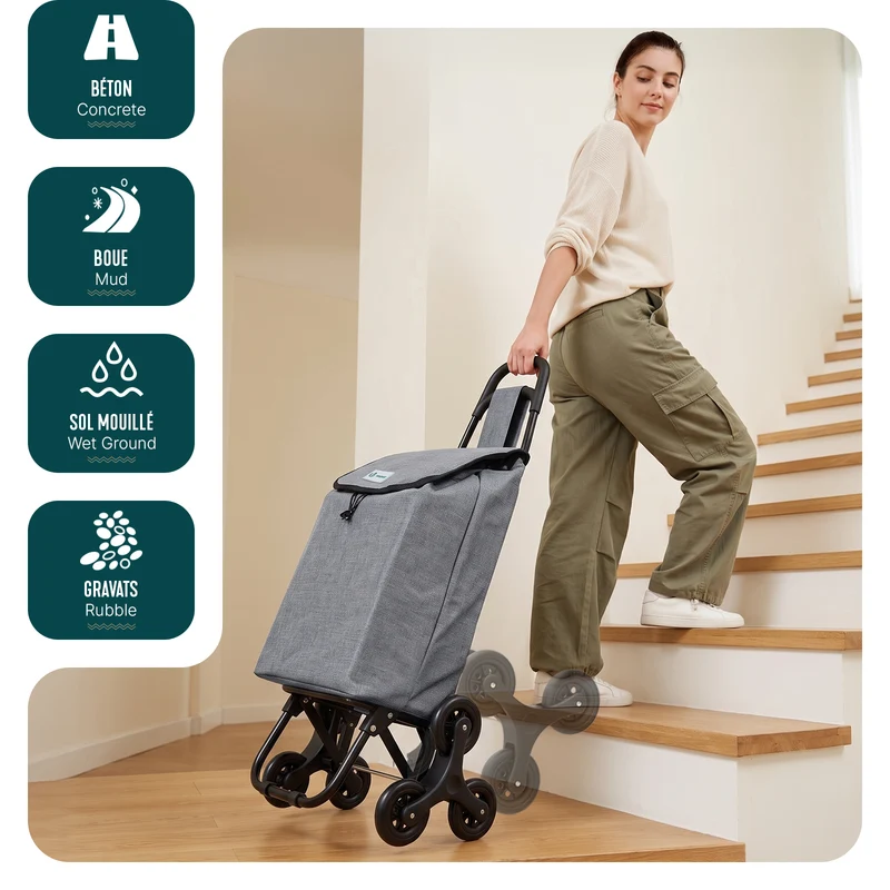 Chariot de courses pliable monte escalier style oxford gris