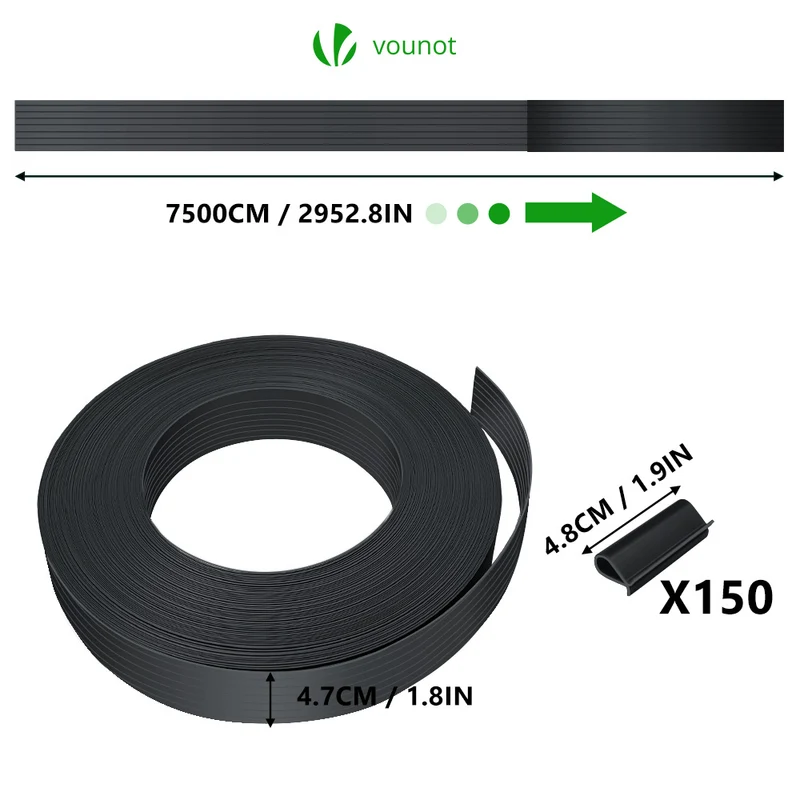 Kit de lamelles occultantes PVC brise vue 75m x 4.7cm avec 150 clips Noir