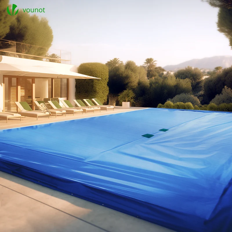 Bache piscine rectangulaire double couche en Polyethylene 160 gr/m2 avec filet ecoulement 8x14m Bleue