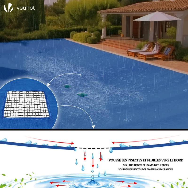 Bache piscine rectangulaire double couche en Polyethylene 160 gr/m2 avec filet ecoulement 8x14m Bleue