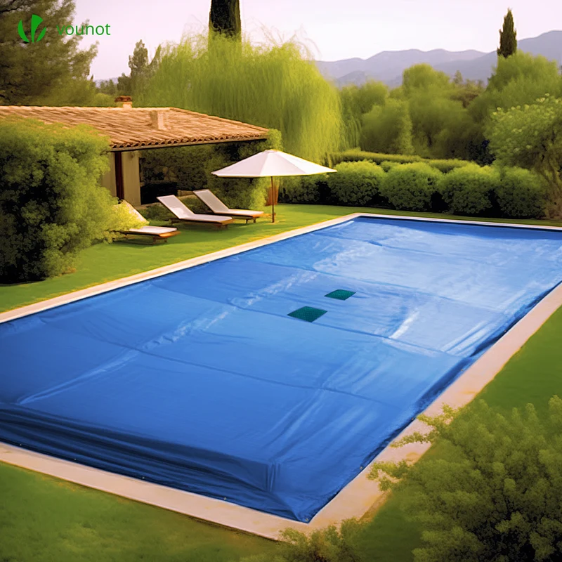 Bache piscine rectangulaire double couche en Polyethylene 160 gr/m2 avec filet ecoulement 5x10m Bleue