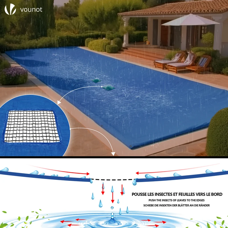 Bache piscine rectangulaire double couche en Polyethylene 160 gr/m2 avec filet ecoulement 4x9m Bleue