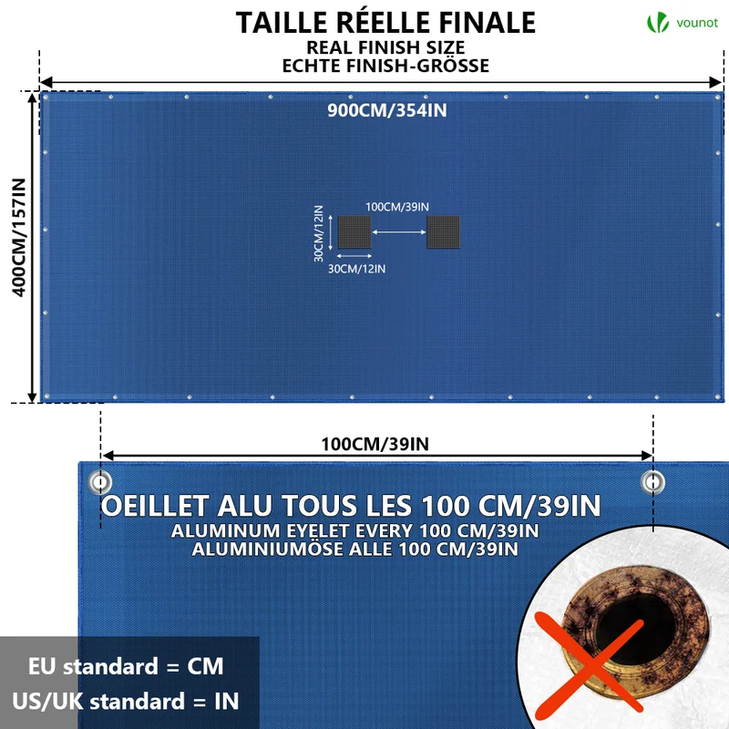 Bache piscine rectangulaire double couche en Polyethylene 160 gr/m2 avec filet ecoulement 4x9m Bleue
