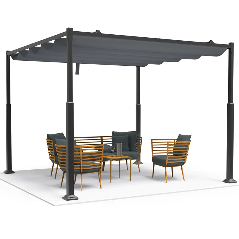 Pergola retractable 3x3m en metal et toile Polyester haute densite 180g/m2 gris