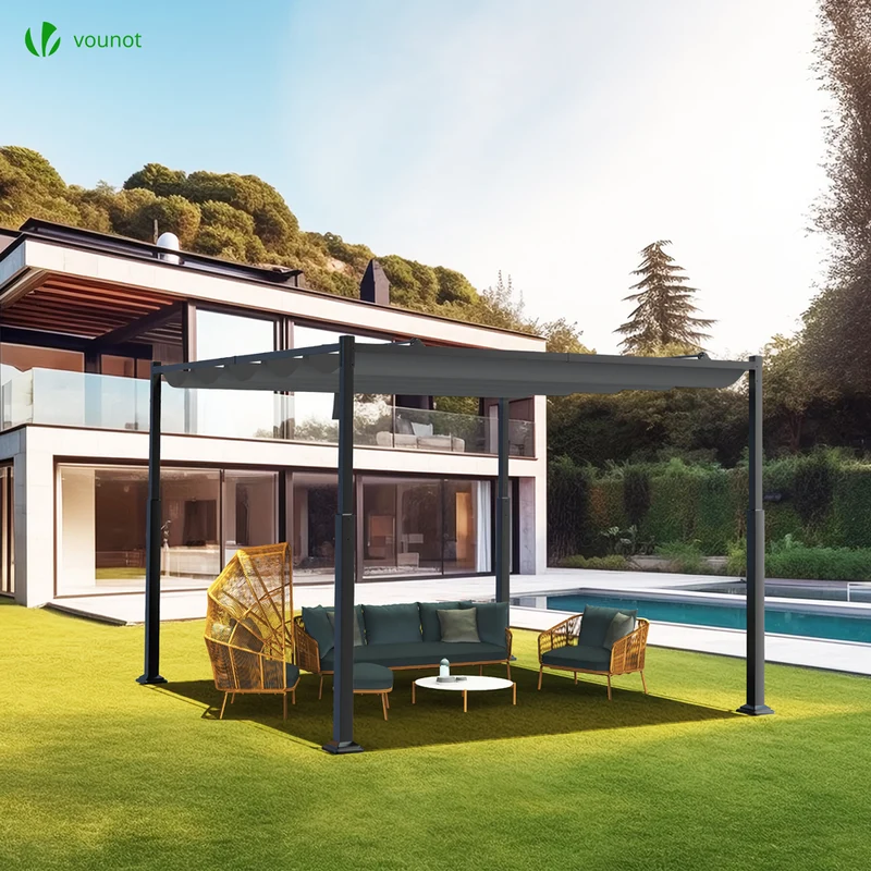 Pergola retractable 3x3m en metal et toile Polyester haute densite 180g/m2 gris