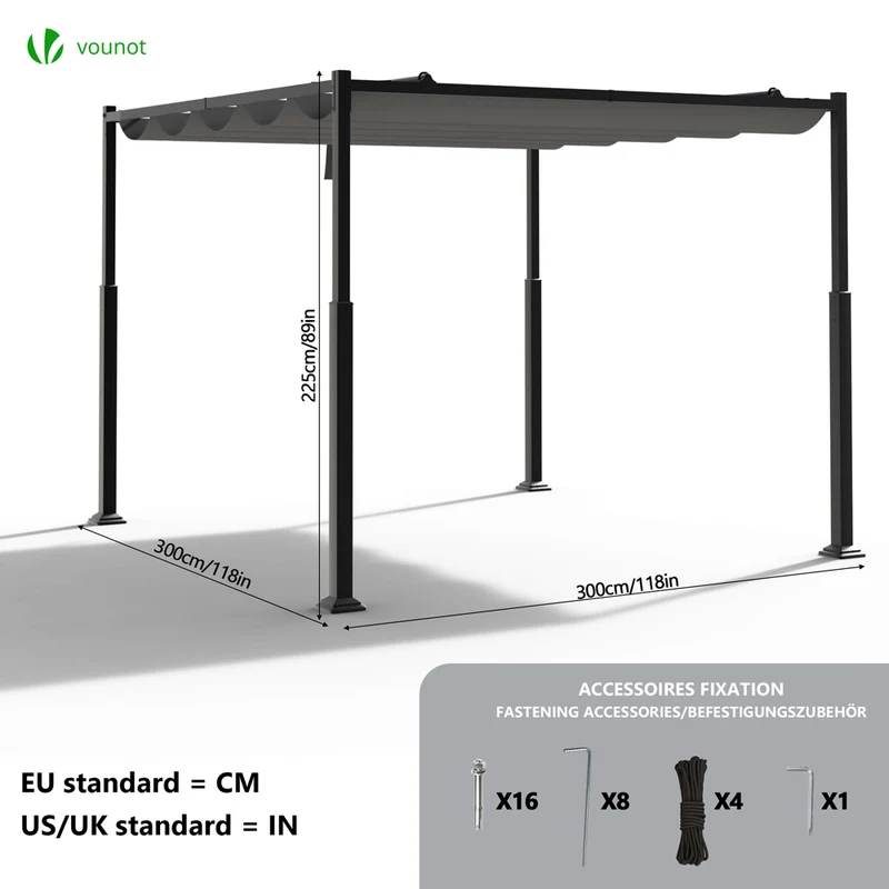 Pergola retractable 3x3m en metal et toile Polyester haute densite 180g/m2 gris