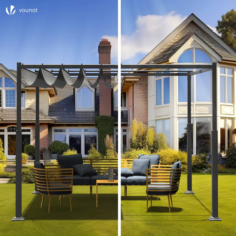 Pergola retractable 3x3m en metal et toile Polyester haute densite 180g/m2 gris