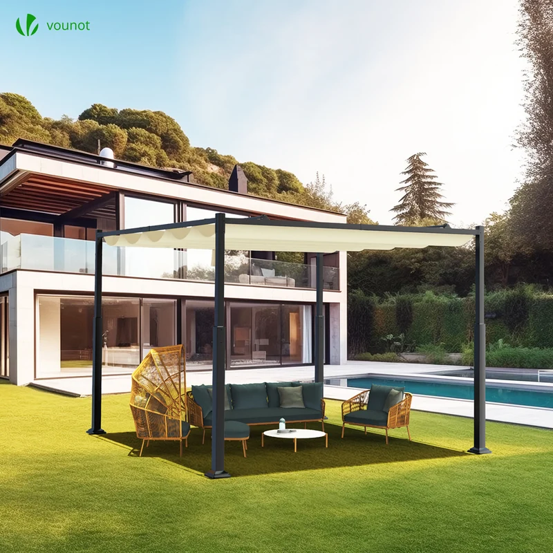 Pergola retractable 3x3m en metal et toile Polyester haute densite 180g/m2 beige