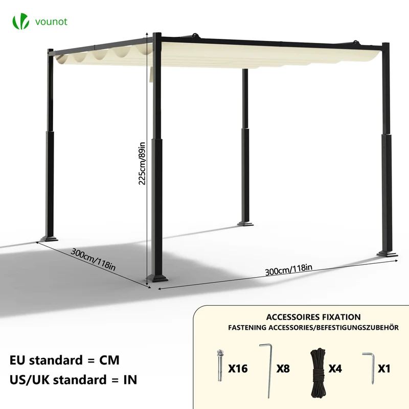 Pergola retractable 3x3m en metal et toile Polyester haute densite 180g/m2 beige