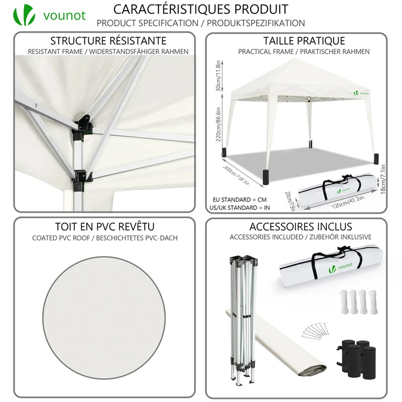 Tonnelle de jardin 3x3m pliable Blanche avec sac de transport