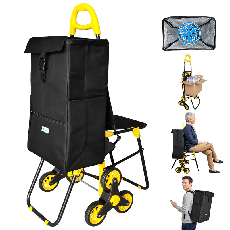 Chariot de courses pliable avec siege Jaune