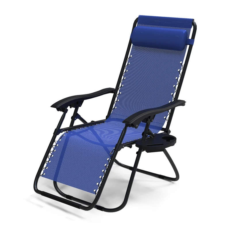 Chaise longue inclinable en textilene avec porte gobelet et portable bleue