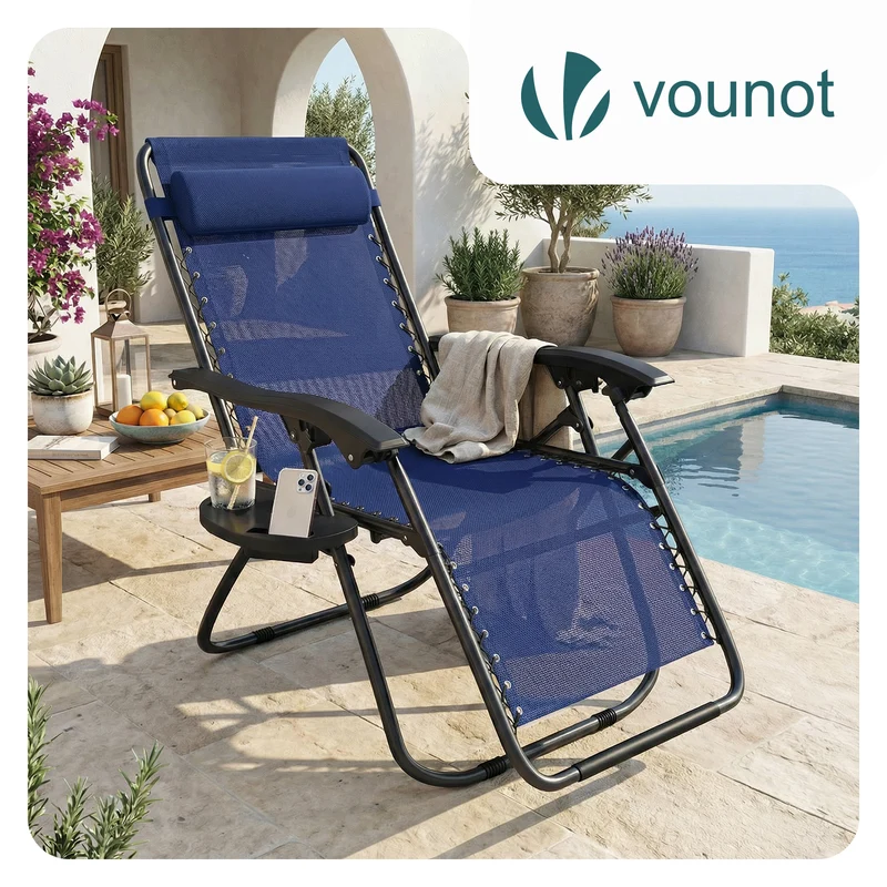 Chaise longue inclinable en textilene avec porte gobelet et portable bleue