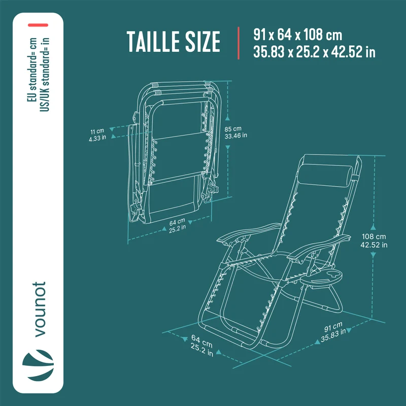 Chaise longue inclinable en textilene avec porte gobelet et portable gris