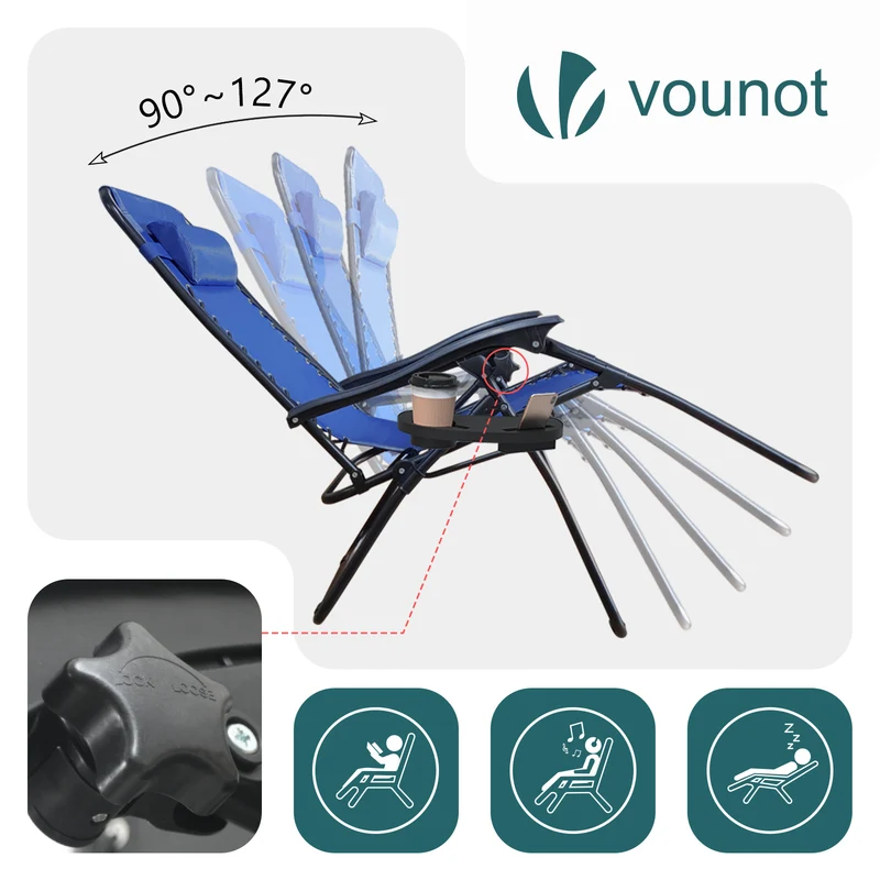 Chaise longue inclinable en textilene avec porte gobelet et portable bleue