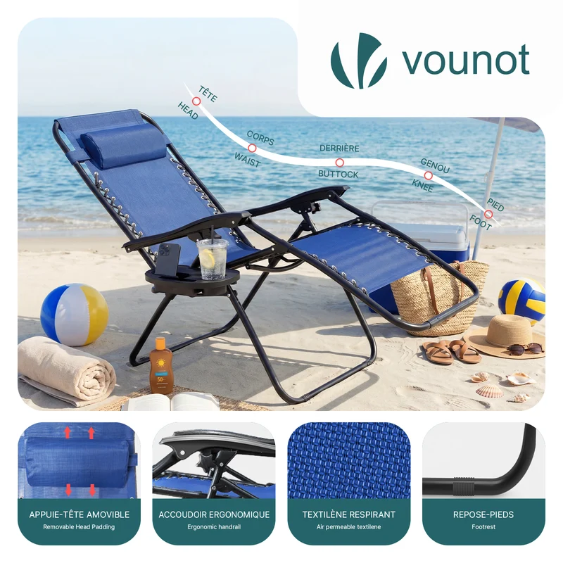 Chaise longue inclinable en textilene avec porte gobelet et portable bleue