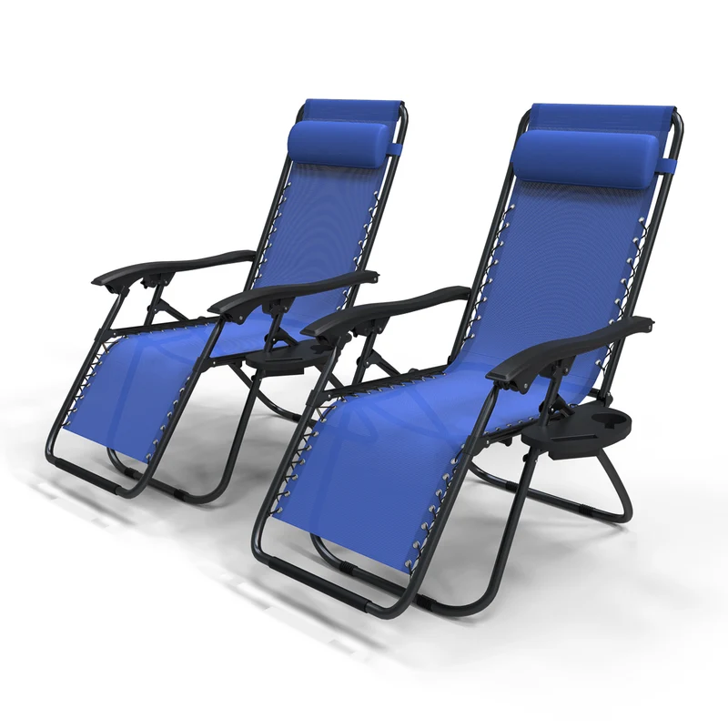 Chaise longue inclinable en textilene avec porte gobelet et portable bleue