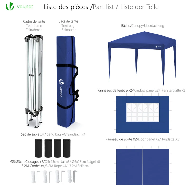 Tonnelle de Jardin 3x3m Pliable avec portes et fenêtres Bleu