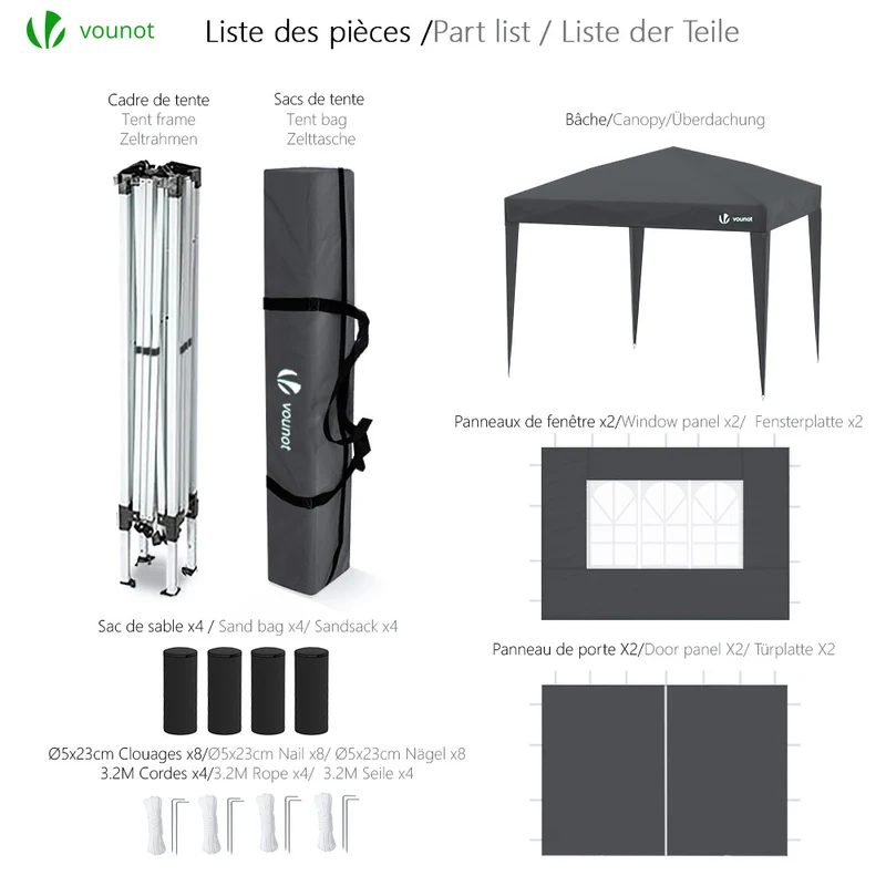 Tonnelle de Jardin 3x3m Pliable avec portes et fenêtres Gris
