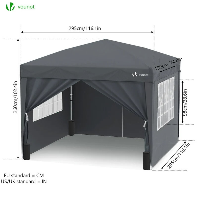 Tonnelle de Jardin 3x3m Pliable avec portes et fenêtres Gris