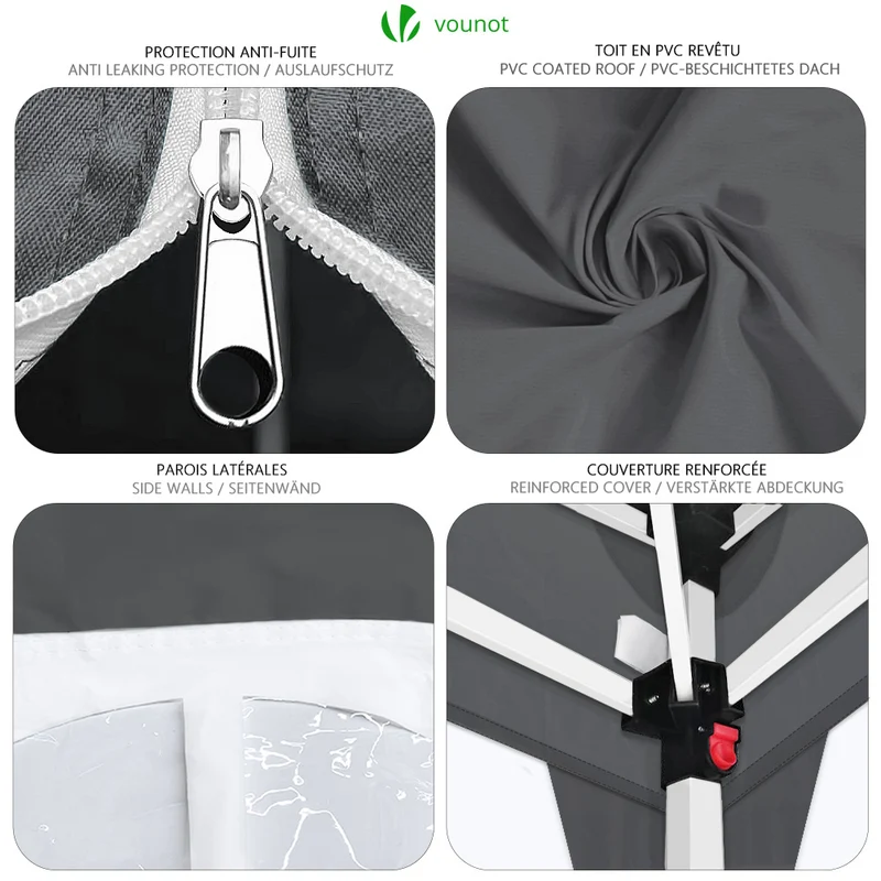 Tonnelle de Jardin 3x3m Pliable avec portes et fenêtres Gris