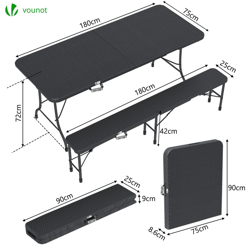 Ensemble de Table et bancs camping pliables 180cm HDPE Style Polyrotin noir