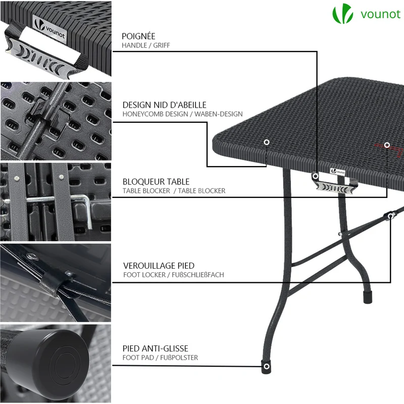 Ensemble de Table et bancs camping pliables 180cm HDPE Style Polyrotin noir