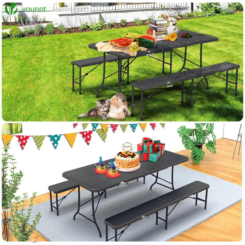 Ensemble de Table et bancs camping pliables 180cm HDPE Style Polyrotin noir