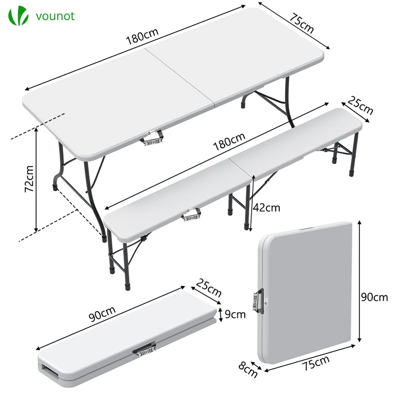 Ensemble de Table et bancs camping pliables 180cm HDPE blanc