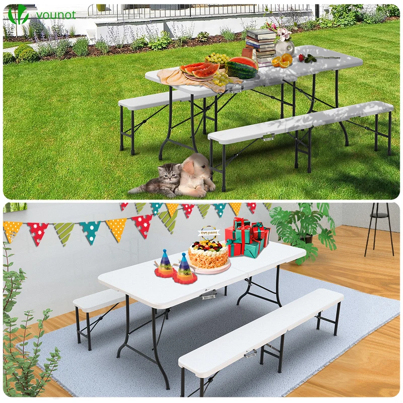 Ensemble de Table et bancs camping pliables 180cm HDPE blanc