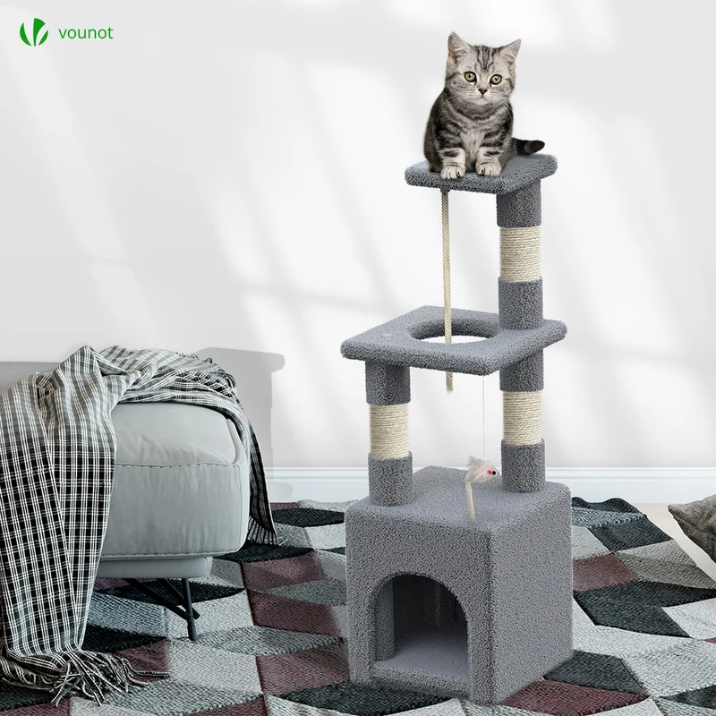 Arbre à Chat 88cm avec Corde Griffoir Plateforme Niche Gris