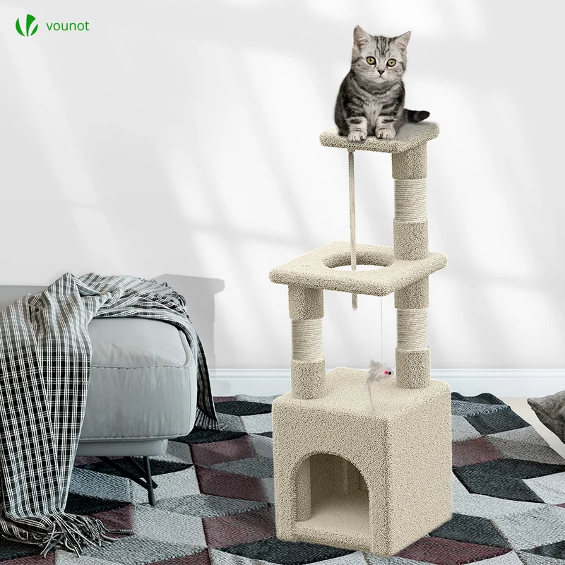 Arbre à Chat 88cm avec Corde Griffoir Plateforme Niche Beige