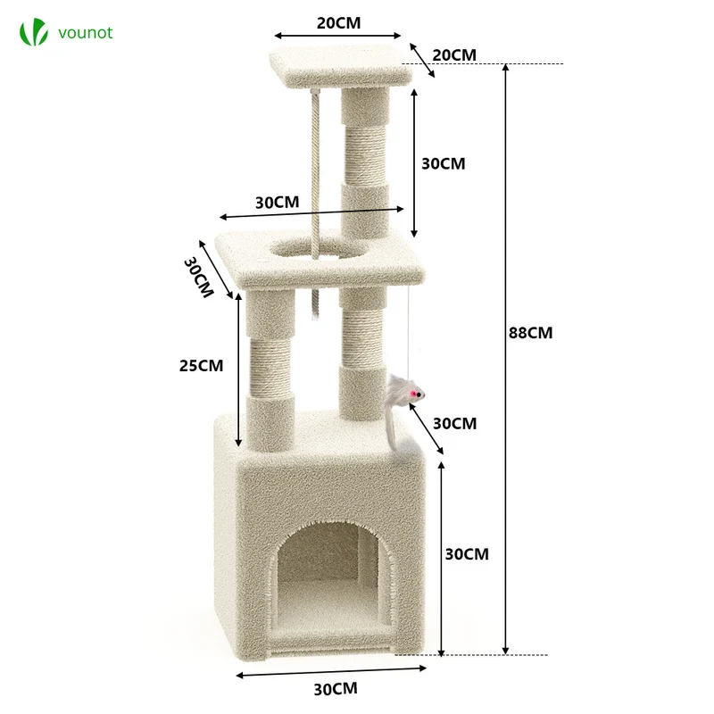Arbre à Chat 88cm avec Corde Griffoir Plateforme Niche Beige