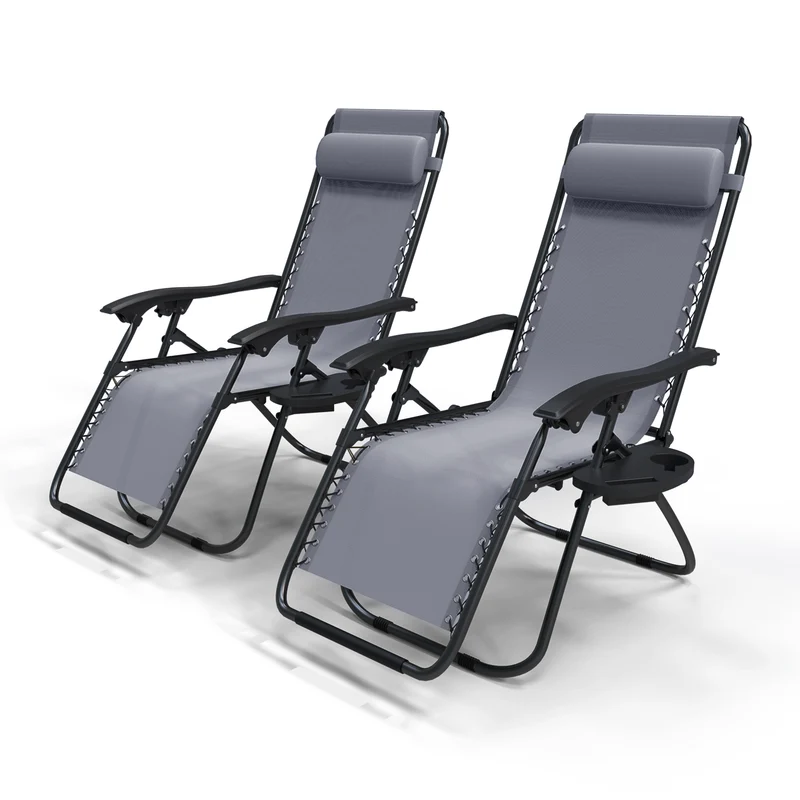 Chaise longue inclinable en textilene avec porte gobelet et portable gris Lot de 2