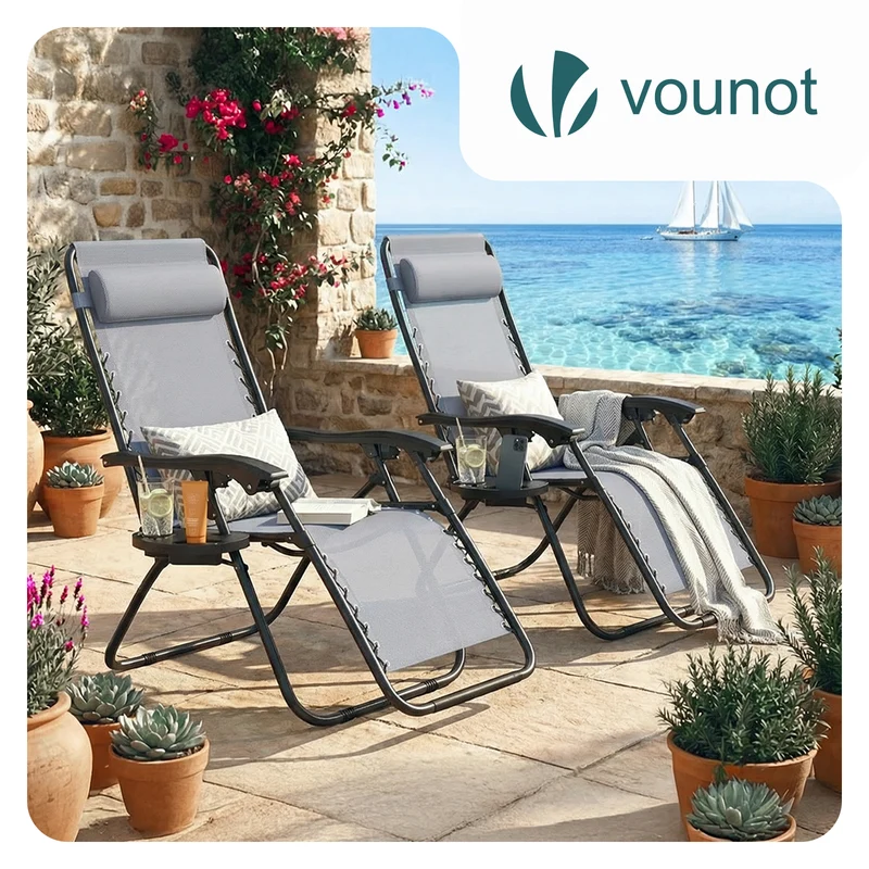 Chaise longue inclinable en textilene avec porte gobelet et portable gris Lot de 2