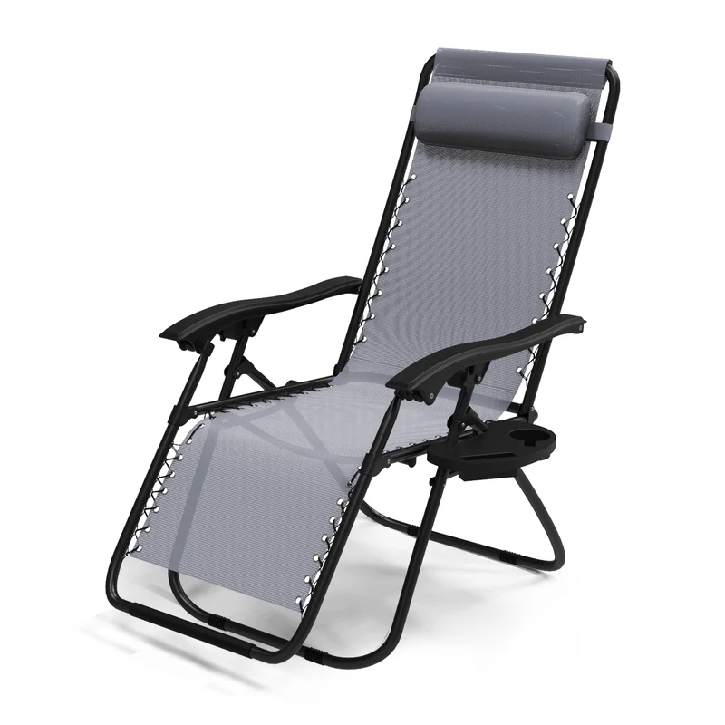 Chaise longue inclinable en textilene avec porte gobelet et portable gris