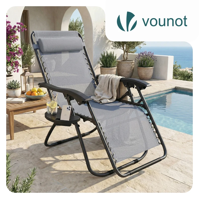 Chaise longue inclinable en textilene avec porte gobelet et portable gris