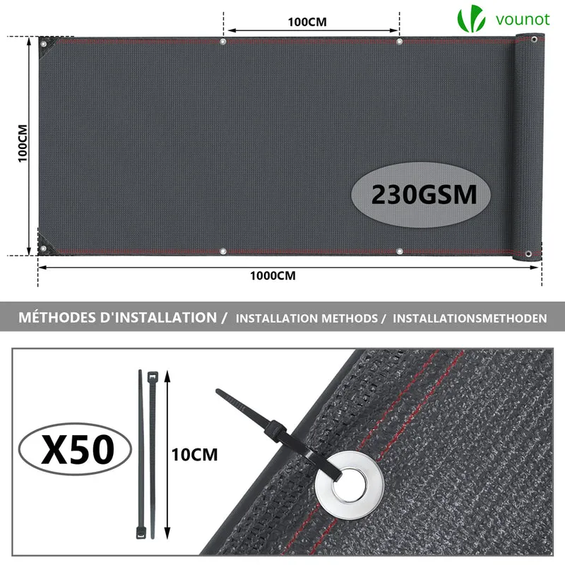 Brise vue occultant en HDPE 230g/m² 1.5x10m avec attaches de fixation anthracite