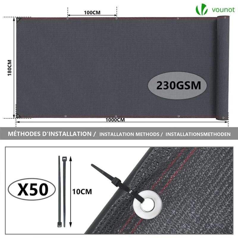 Brise vue occultant en HDPE 230g/m² 1.8x10m avec attaches de fixation anthracite