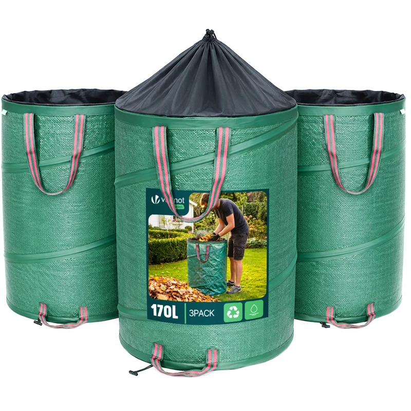 Lot de 3 Sac de Jardin Pop up 170L en Polyéthylène avec Poignées